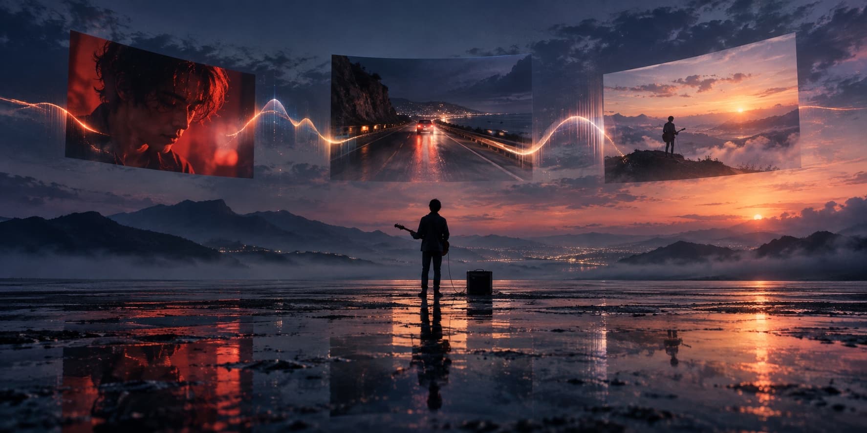A musician beneath cinematic frames and an audio wave tracing a song’s changing scenes