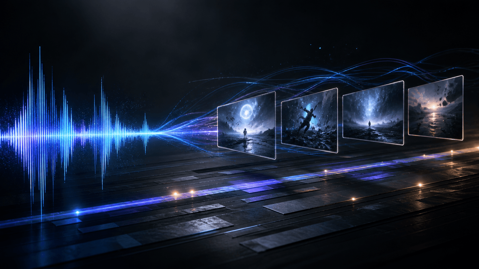 A glowing audio waveform flowing into cinematic storyboard frames on a dark editing timeline