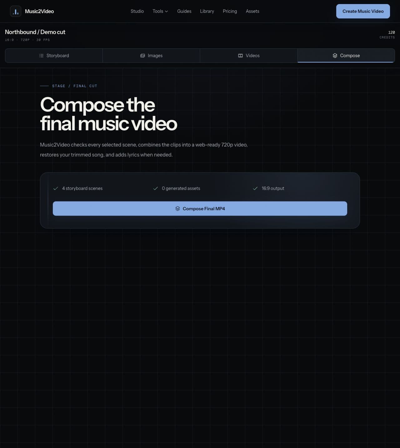 Music2Video Studio final composition screen with four storyboard scenes and a Compose Final MP4 button