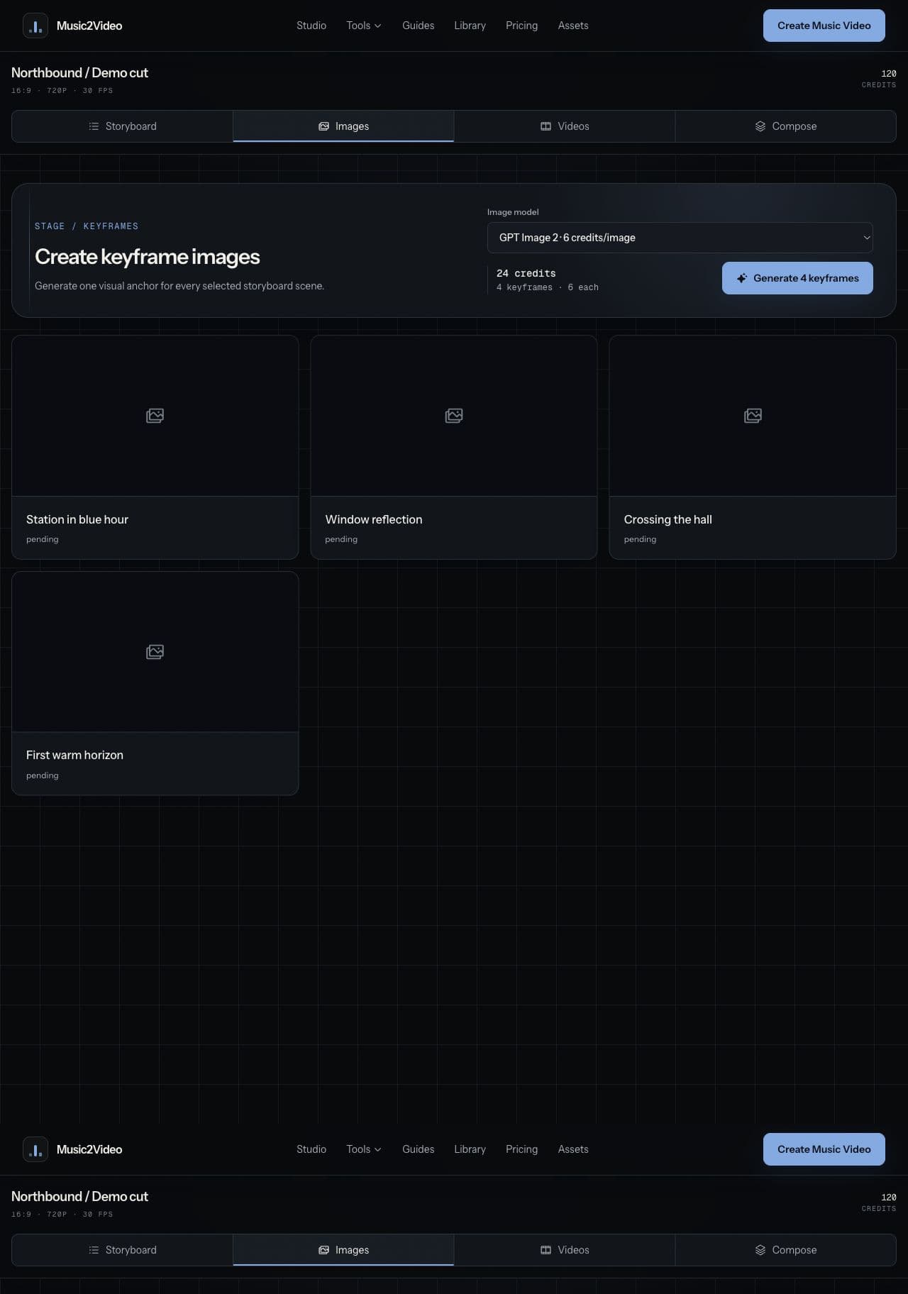 Music2Video Studio keyframe screen with a model selector and four pending scene cards