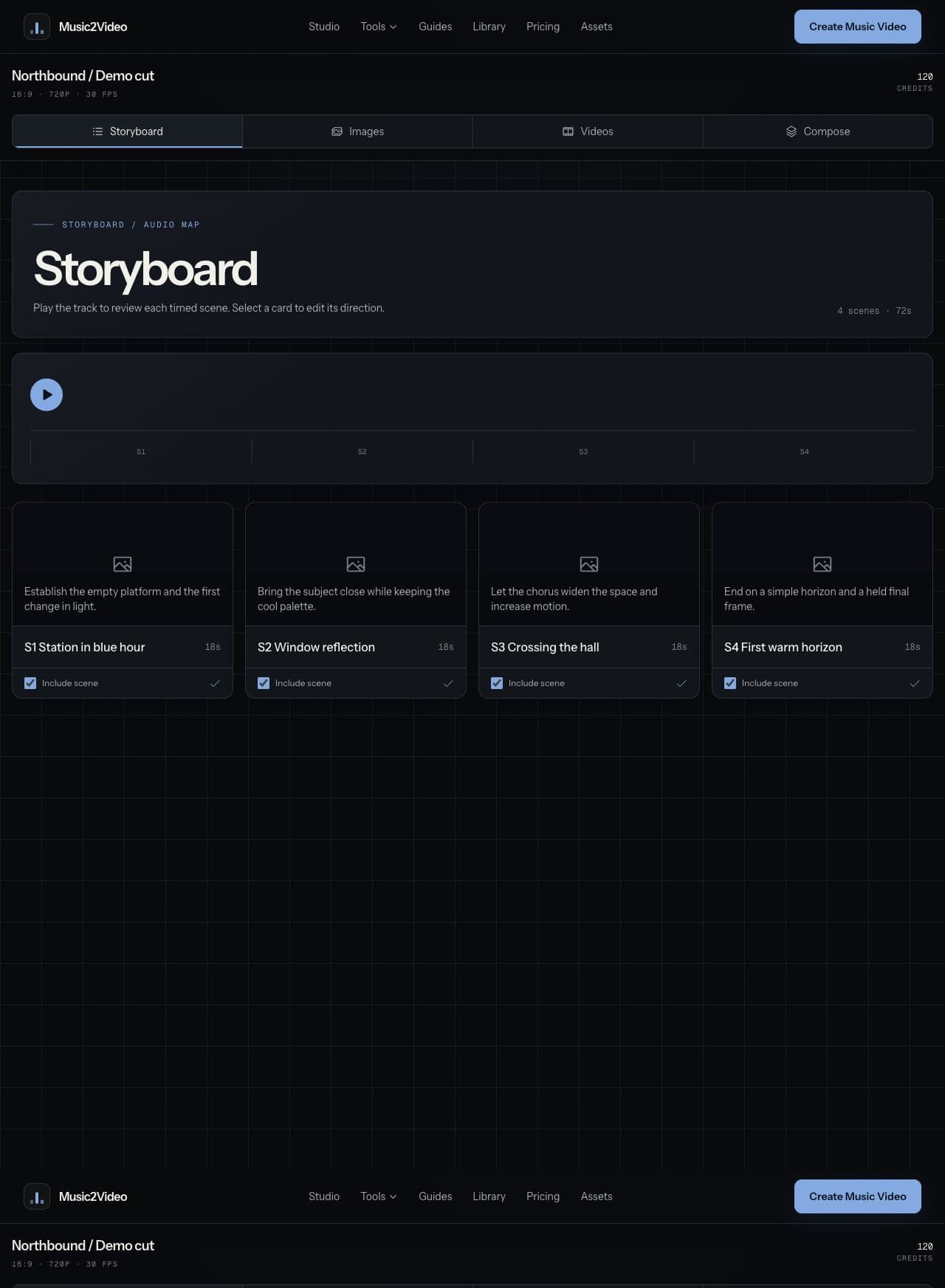 Music2Video Studio storyboard screen showing four timed scenes