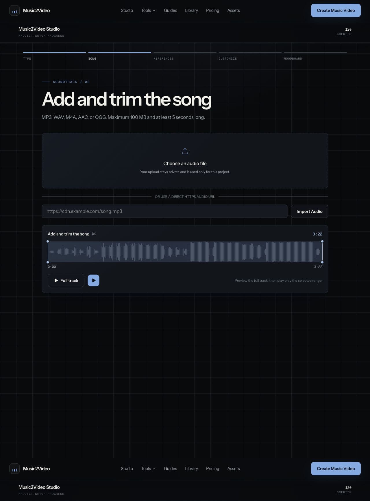 Music2Video Studio song upload and trim screen with a waveform