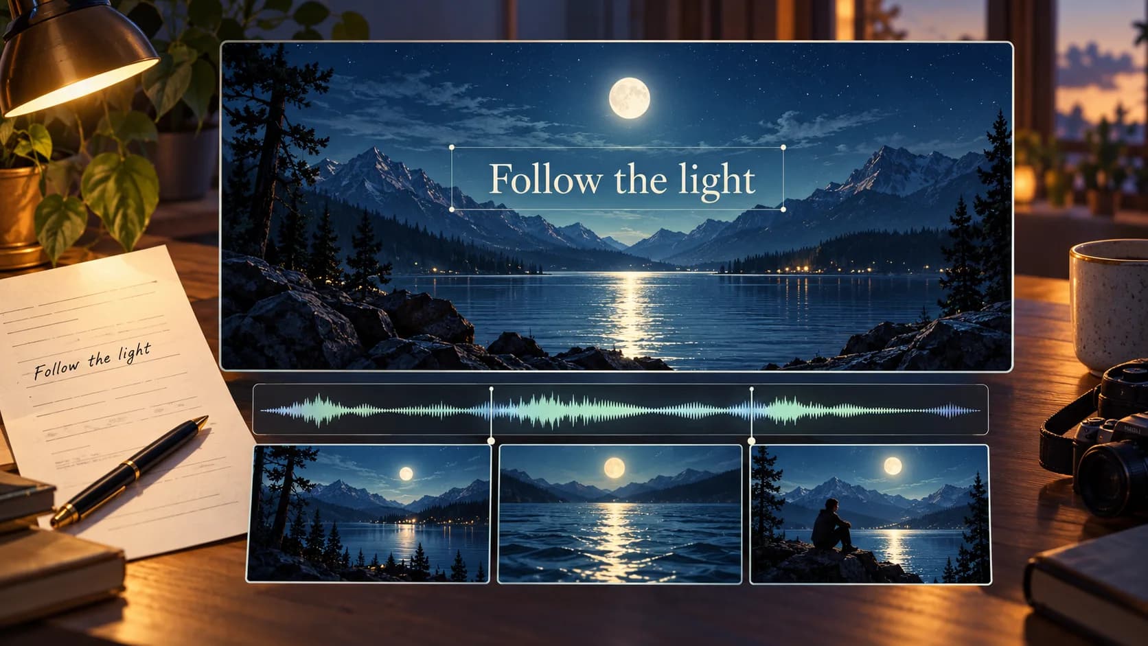 Concept illustration of Follow the light lyrics over a moonlit lake, with an audio waveform, three storyboard frames, and a lyric sheet