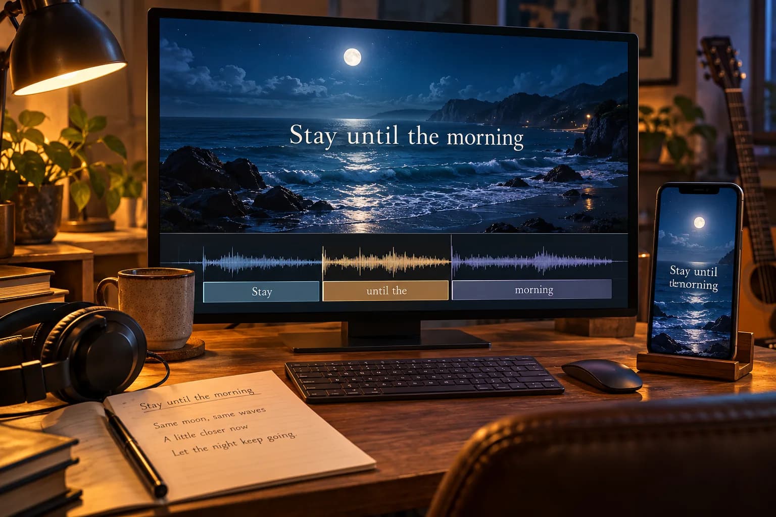 Illustrated editing desk with ocean lyric previews on a monitor and phone, an audio waveform, and aligned text segments