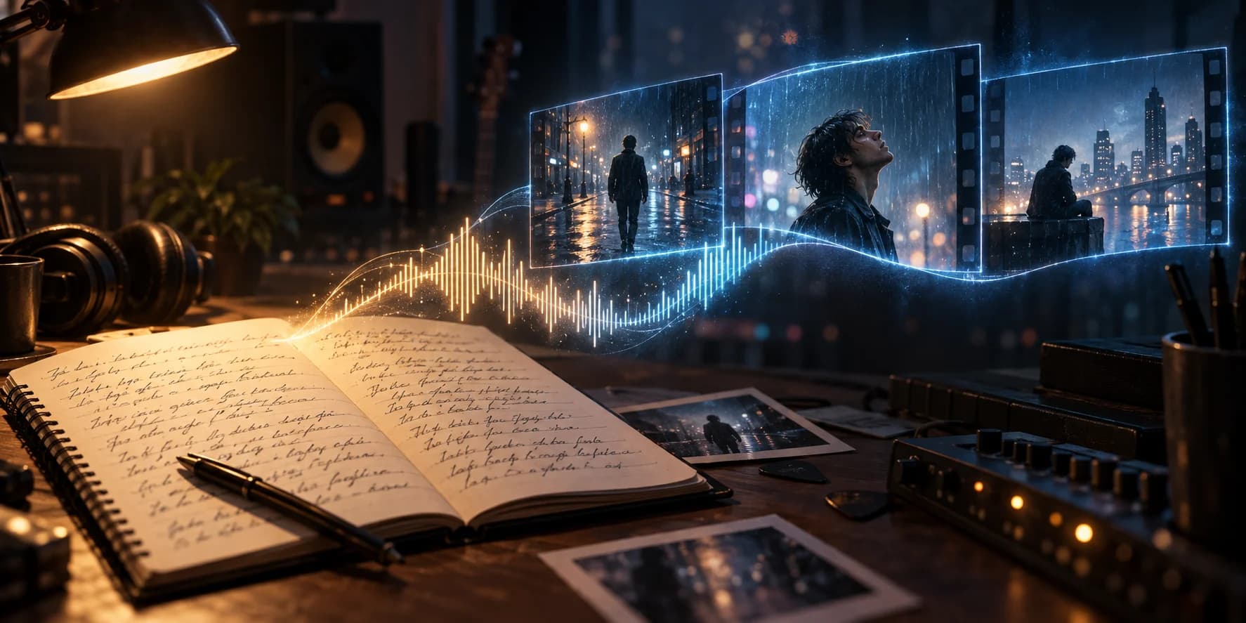 A lyric notebook and glowing audio waveform leading to three cinematic frames of a singer in a rainy city