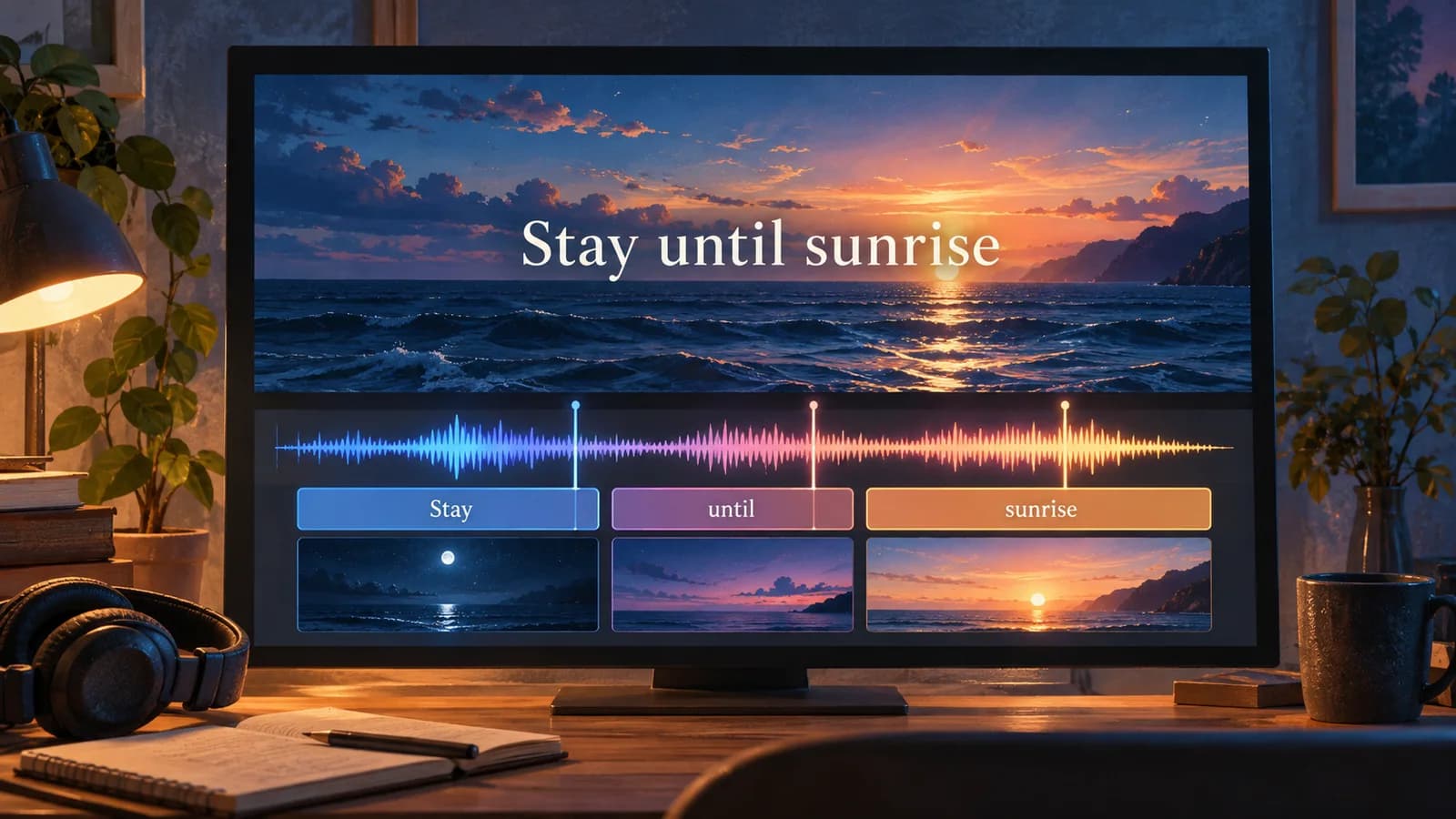 Illustrated lyric video with the words Stay until sunrise over an ocean, aligned with an audio waveform and storyboard thumbnails