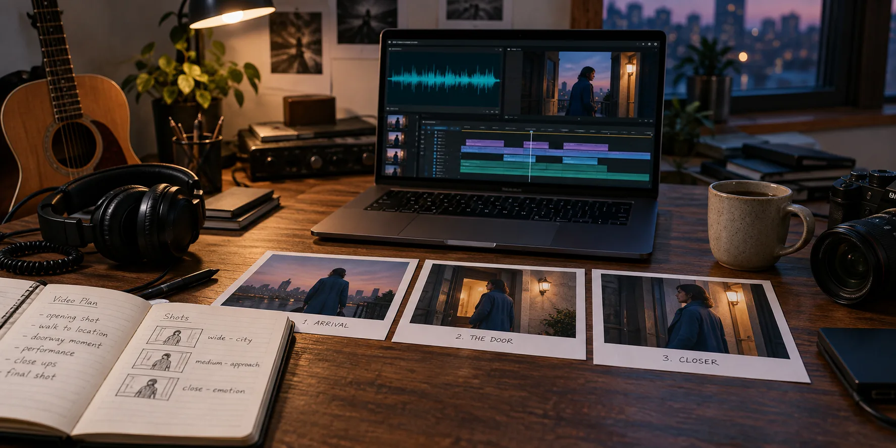 Music video planning desk with an audio editing timeline, headphones, and storyboard frames of a performer beside a lit doorway